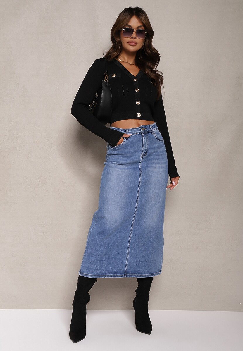 Niebieska Spódnica High Waist Ołówkowa z Przejaśnieniami na Jeansowym Materiale Carolea