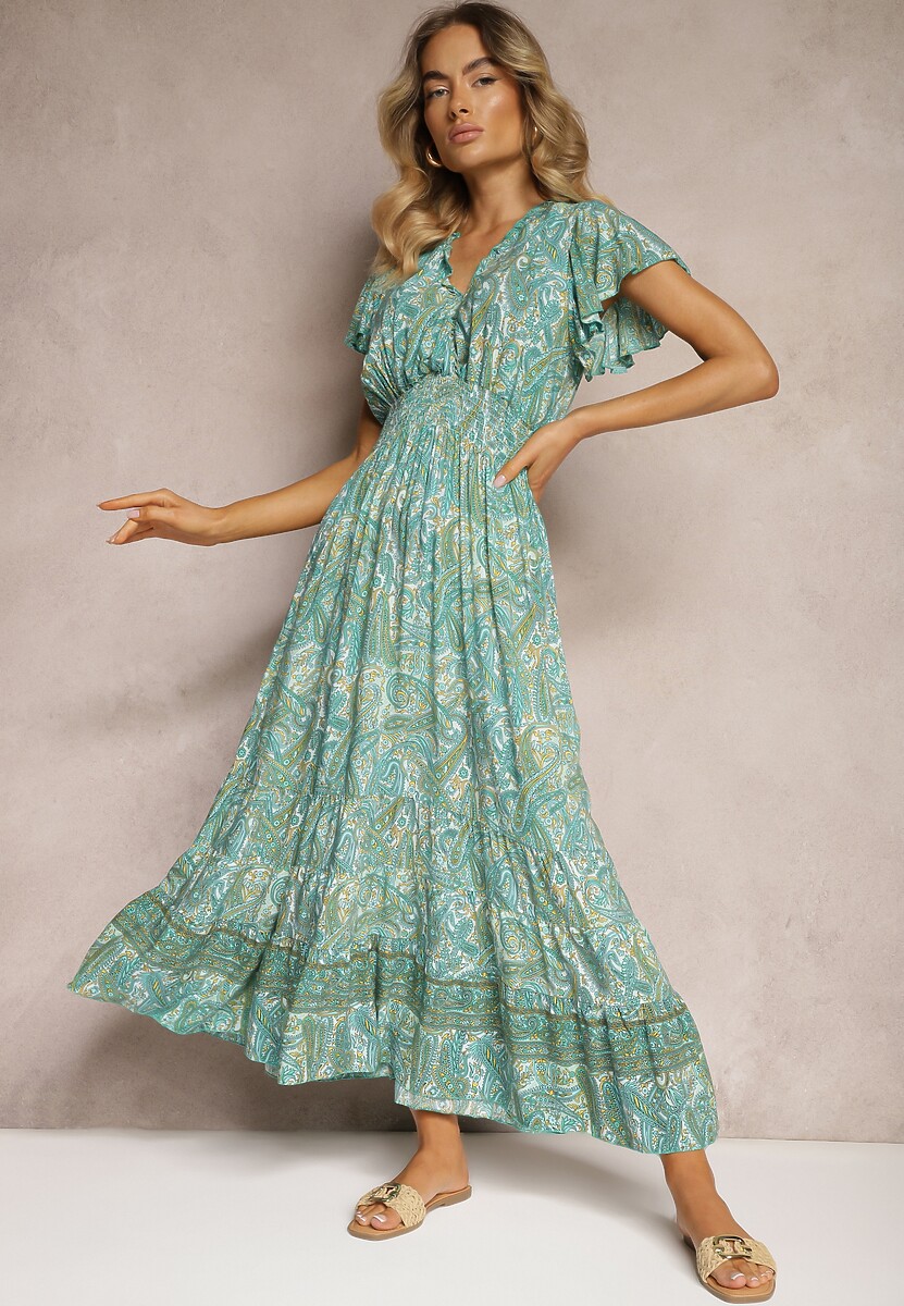 Zielona Bawełniana Sukienka Paisley z Kopertowym Dekoltem z Falbaną i Gumką w Talii Brionea