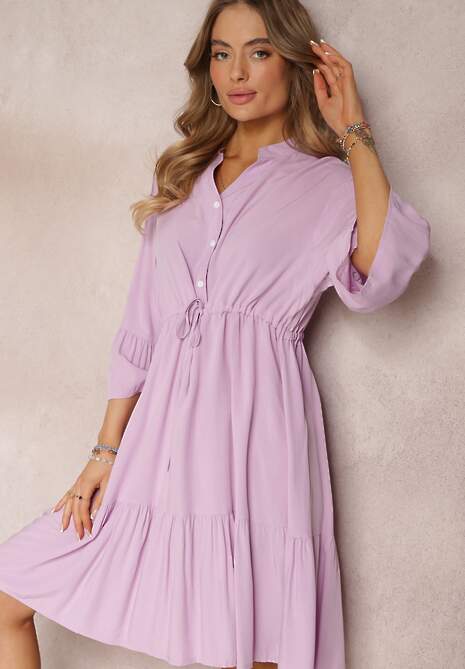Fioletowa Rozkloszowana Sukienka Ściągana w Pasie z Wiskozy Mabree