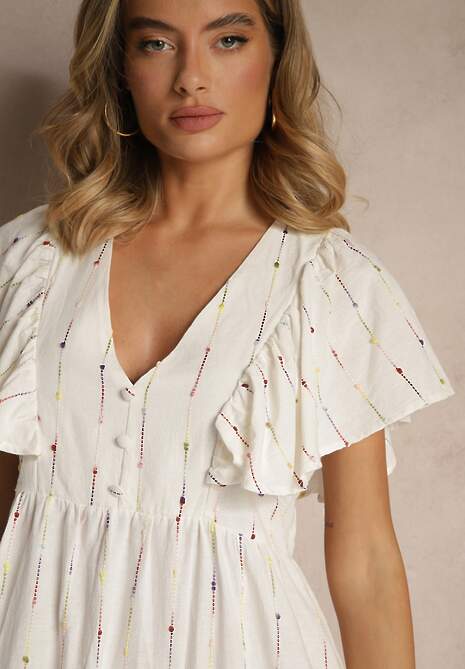 Biała Rozkloszowana Sukienka z Bawełny Zdobiona Falbanami Silonia