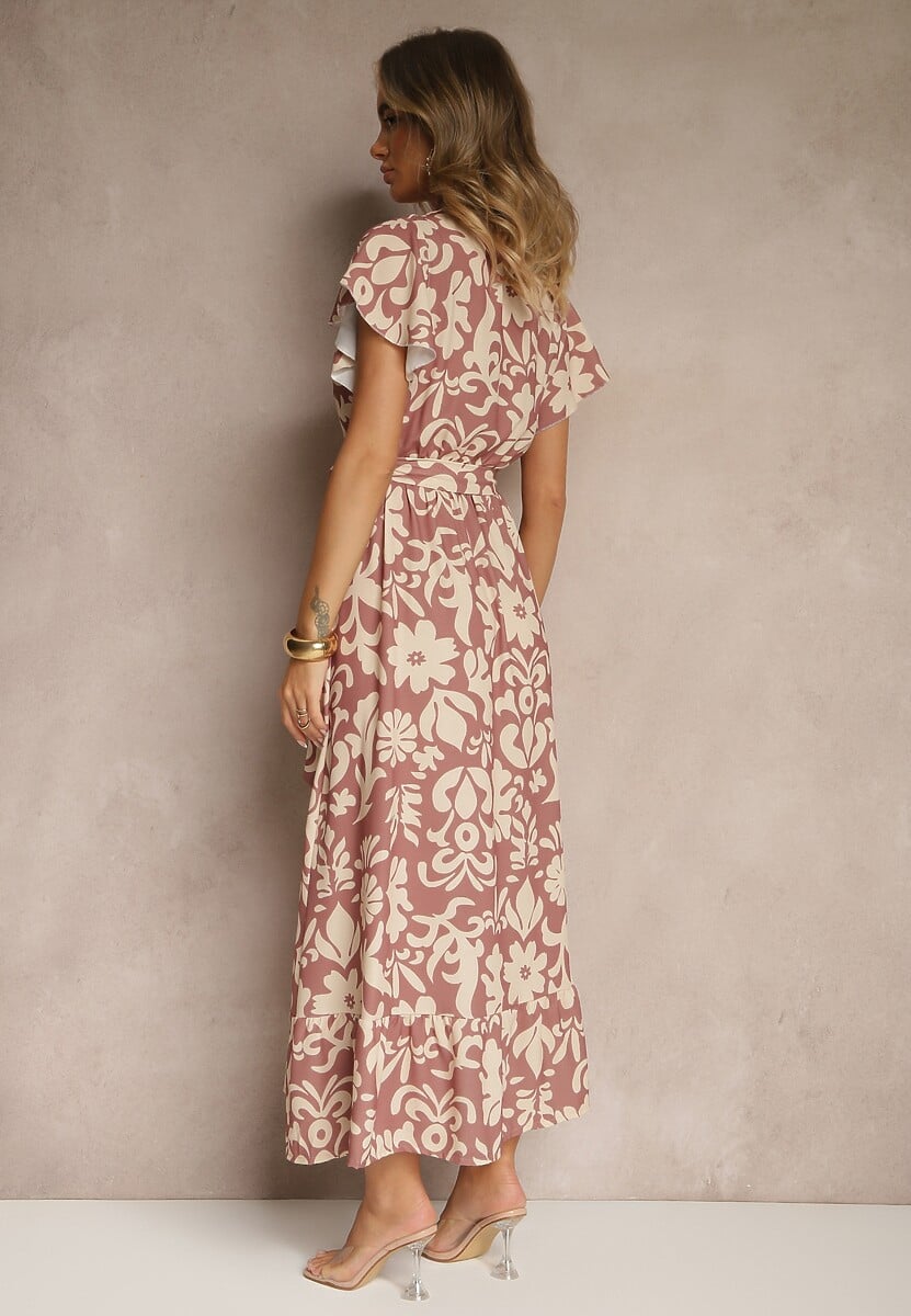 Ciemnobeżowa Rozkloszowana Sukienka w Kwiatowy Wzór z Paskiem Niloreia