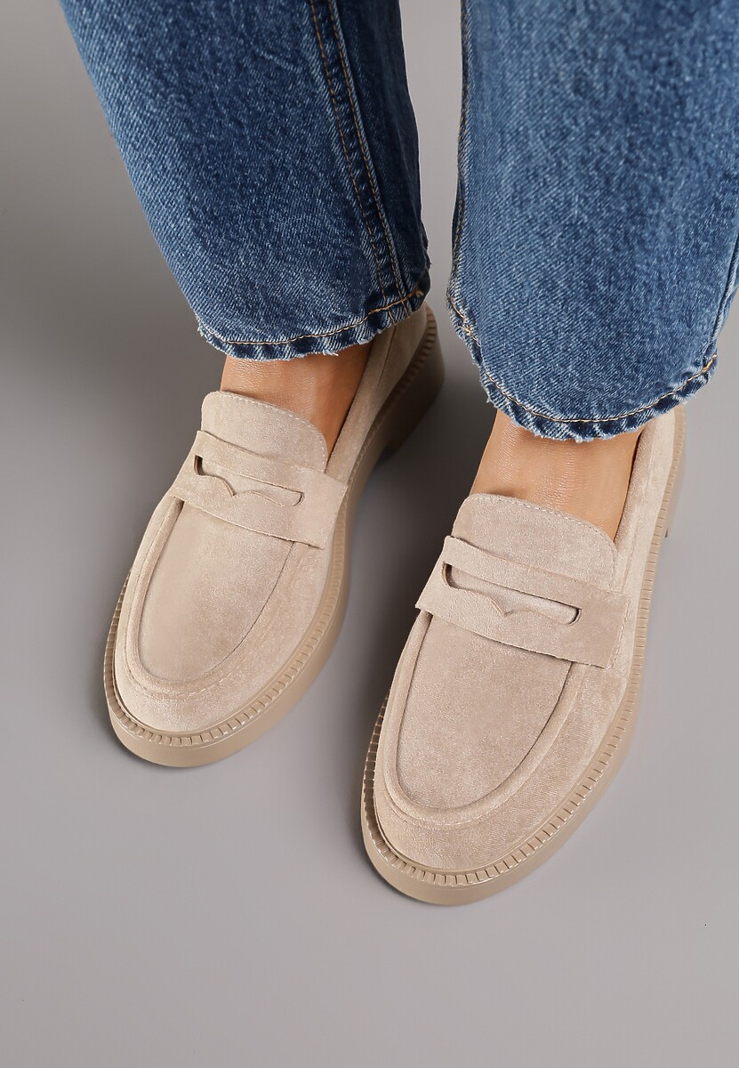 Ciemnobeżowe Mokasyny Ozdobione z Przodu Paskiem Jelzivis