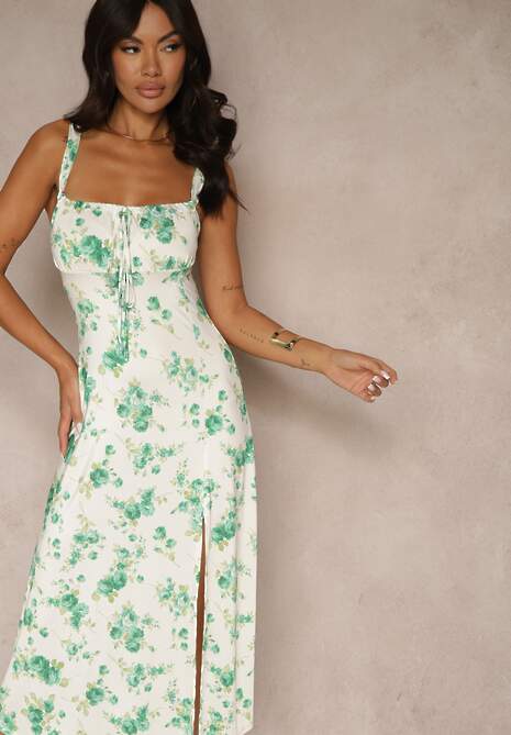 Biało-Zielona Sukienka w Kwiatowy Wzór z Kwadratowym Dekoltem Firaseve