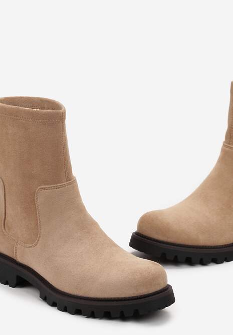 Beżowe Botki za Kostkę z Imitacji Zamszu Silvano