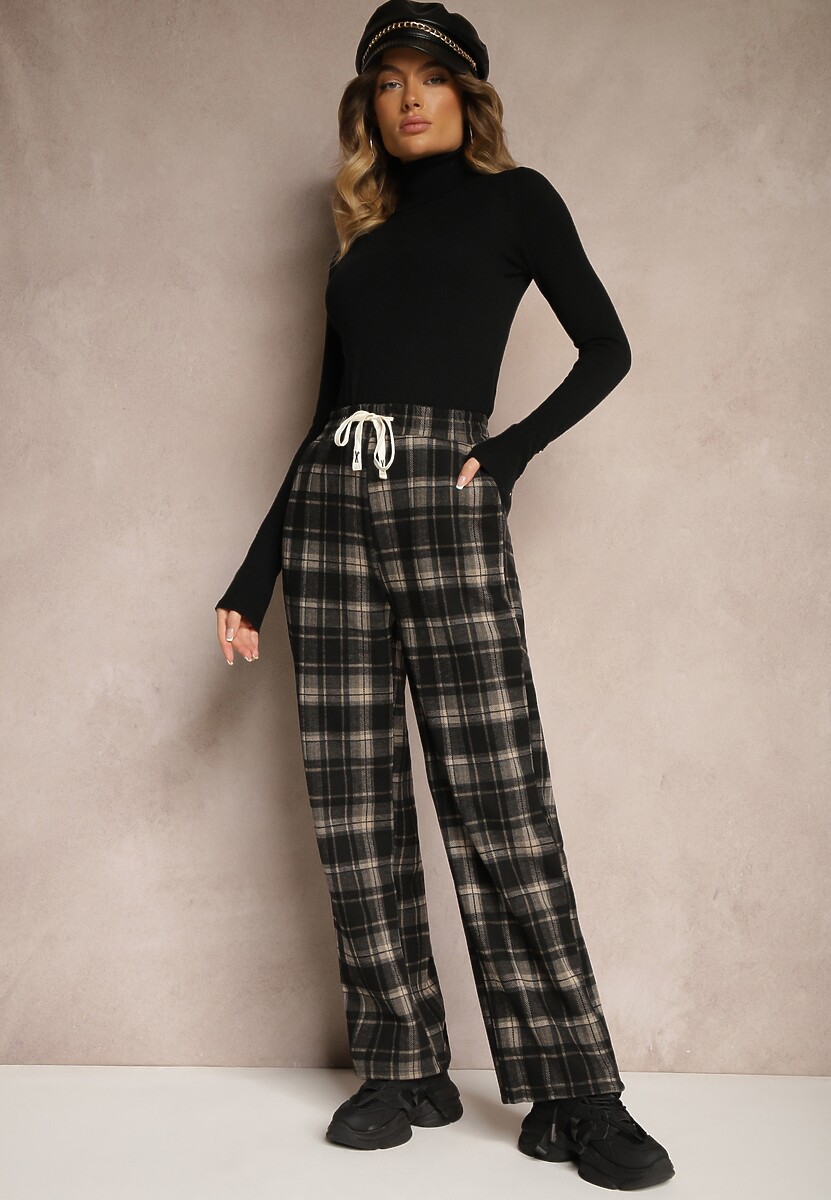 Brązowe Szerokie Spodnie w Kratkę Ocieplane z Gumką w Talii i Kieszeniami Sanavira