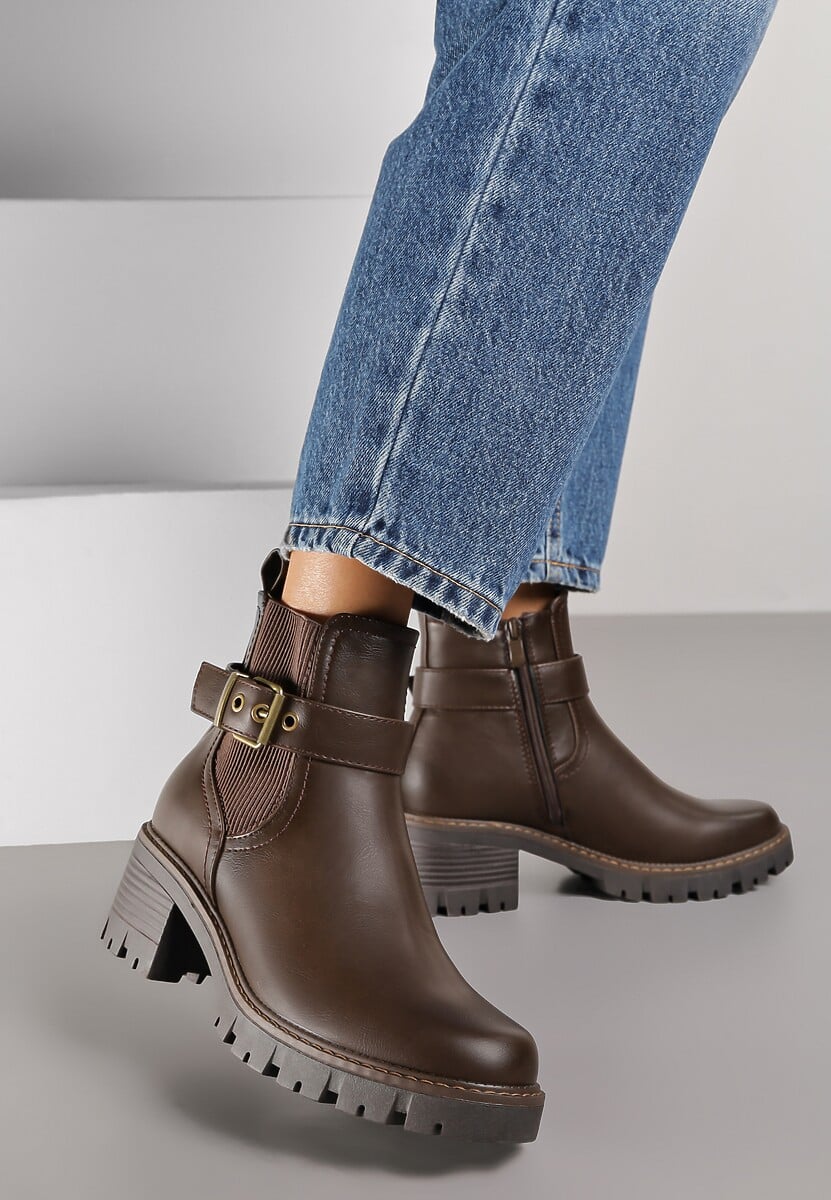 Brązowe Botki w Stylu Sztybletów na Niskim Obcasie z Paskiem ze Sprzączką Lathorie