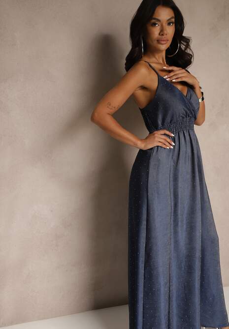 Granatowa Wiskozowa Sukienka o Kopertowym Kroju na Ramiączkach z Cyrkoniami Aravice