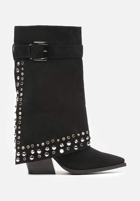 Czarne Botki na Słupku z Wywiniętą Cholewką Ozdobione Nitami i Ćwiekami Evitae