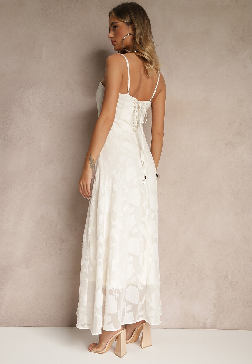 Jasnobeżowa Sukienka Vices o Rozkloszowanym Kroju z Gorsetowym Wiązaniem Fenalisa