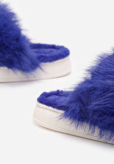 Niebieskie Kapcie ze Sztucznym Futrem na Grubej Podeszwie Demofa
