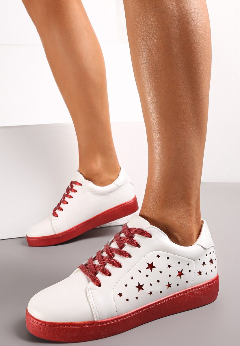 Biało-Czerwone Sneakersy Sznurowane na Grubej Podeszwie Nensa