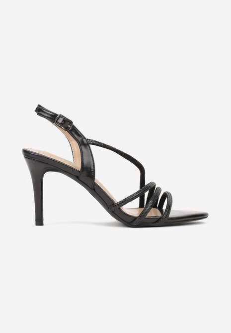 Czarne Cyrkoniowe Sandały na Obcasie Typu Szpilka Kalefera