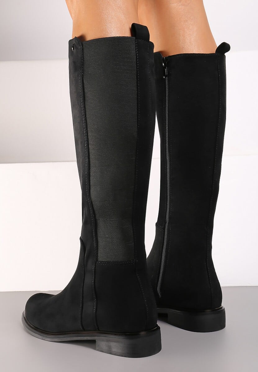 Czarne Kozaki z Ekozamszu na Płaskiej Podeszwie w Stylu Oficerek z Gumką Ansista