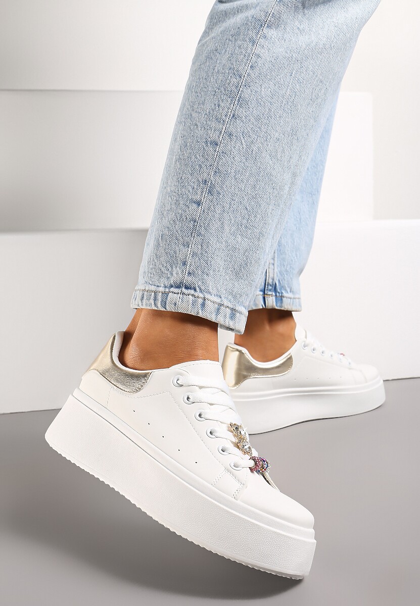 Biało-Złote Sneakersy z Cyrkoniami na Sznurówkach z Platformą Nomiji