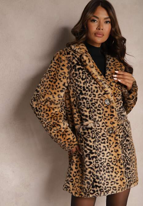 Beżowy Futrzany Płaszcz w Panterkę o Jednorzędowym Kroju z Kieszeniami Lorenciah