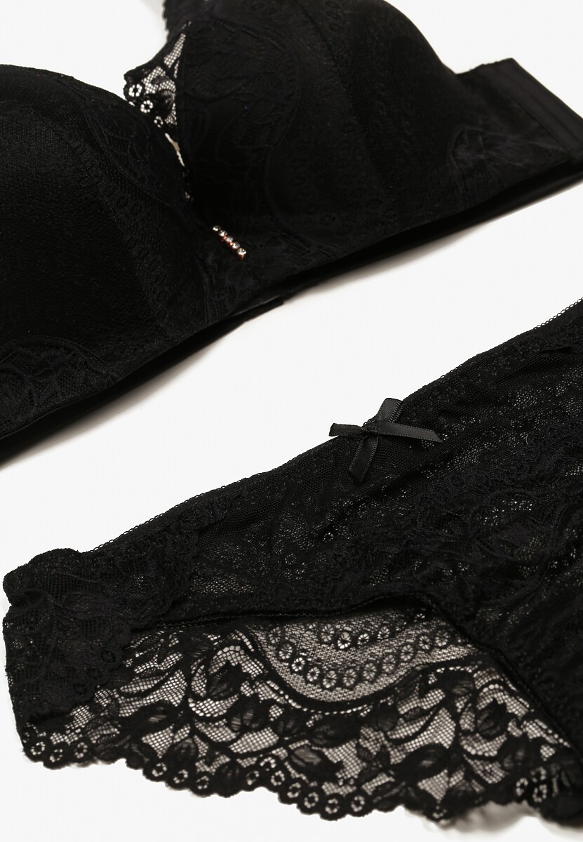 Czarny Komplet Koronkowy z Kokardkami Majtki typu Figi i Biustonosz Full Cup Iriniues