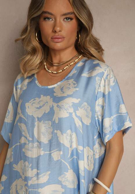 Jasnoniebieska Sukienka Pudełkowa z Wiskozy w Kwiaty Aranolia