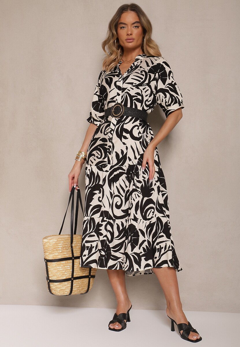 Czarna Rozkloszowana Sukienka z Wiskozy Ozdobiona Falbaną Filesenia