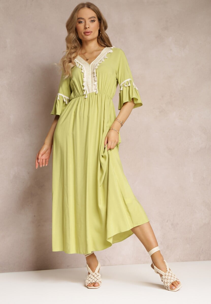 Jasnozielona Sukienka Maxi z Gumką w Talii z Ozdobnymi Chwostami z Wiskozy Zisel