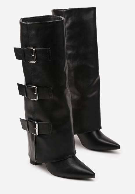 Czarne Kozaki na Słupku Ozdobione Klamrami i Wywiniętą Cholewką Einella