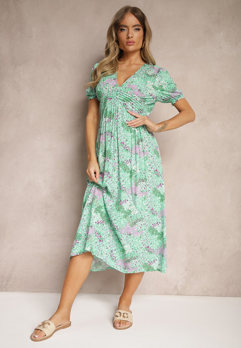 Zielona Wiskozowa Sukienka Midi z Krótkimi Rękawami i Głębokim Dekoltem Emsle