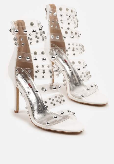 Białe Sandały na Szpilce z Transparentnymi Paskami i Cyrkoniami Davioris