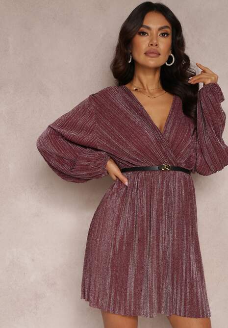 Bordowa Sukienka Metaliczna Plisowana z Paskiem Fonelle