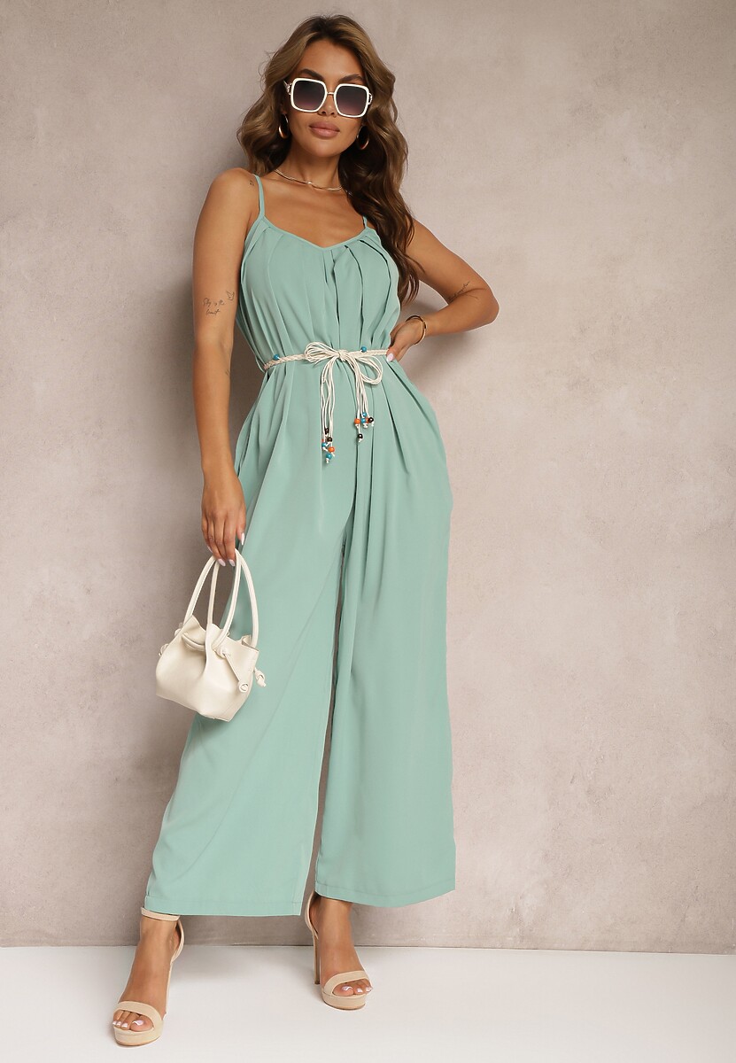 Zielony Kombinezon z Regulowanymi Ramiączkami Wiązany w Talii bez Ramiączek Juletta