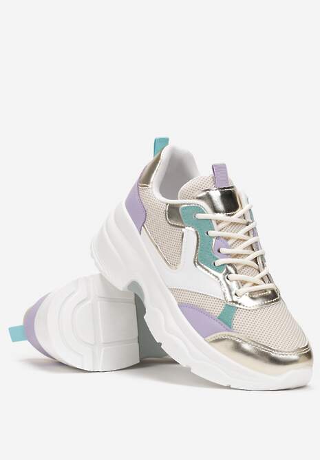 Beżowo-Złote Sneakersy na Grubej Podeszwie ze Wstawkami z Perforacją Lanya