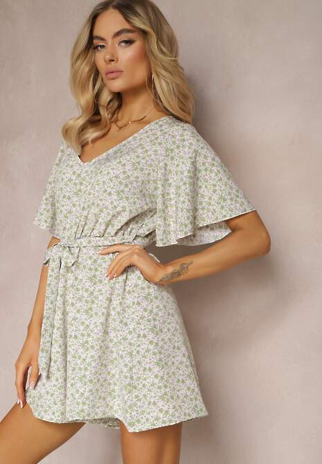 Zielony Taliowany Kombinezon z Materiałowym Paskiem i Gumką w Pasie Wykończony Guzikiem z Tyłu Penilla