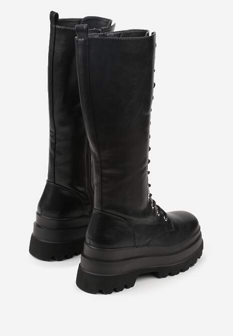 Czarne Kozaki na Platformie w Stylu Grunge Ozdobione Sznurowaniem Wiolara