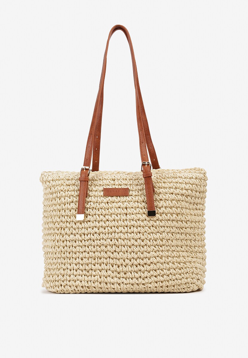 Jasnobeżowa Duża Pleciona Torebka Wykończona Rączkami z Imitacji Skóry Carpinea