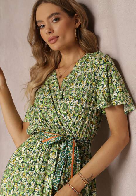 Zielona Sukienka Maxi z Paskiem i Gumką w Talii w Ornamentalny Wzór Calvim