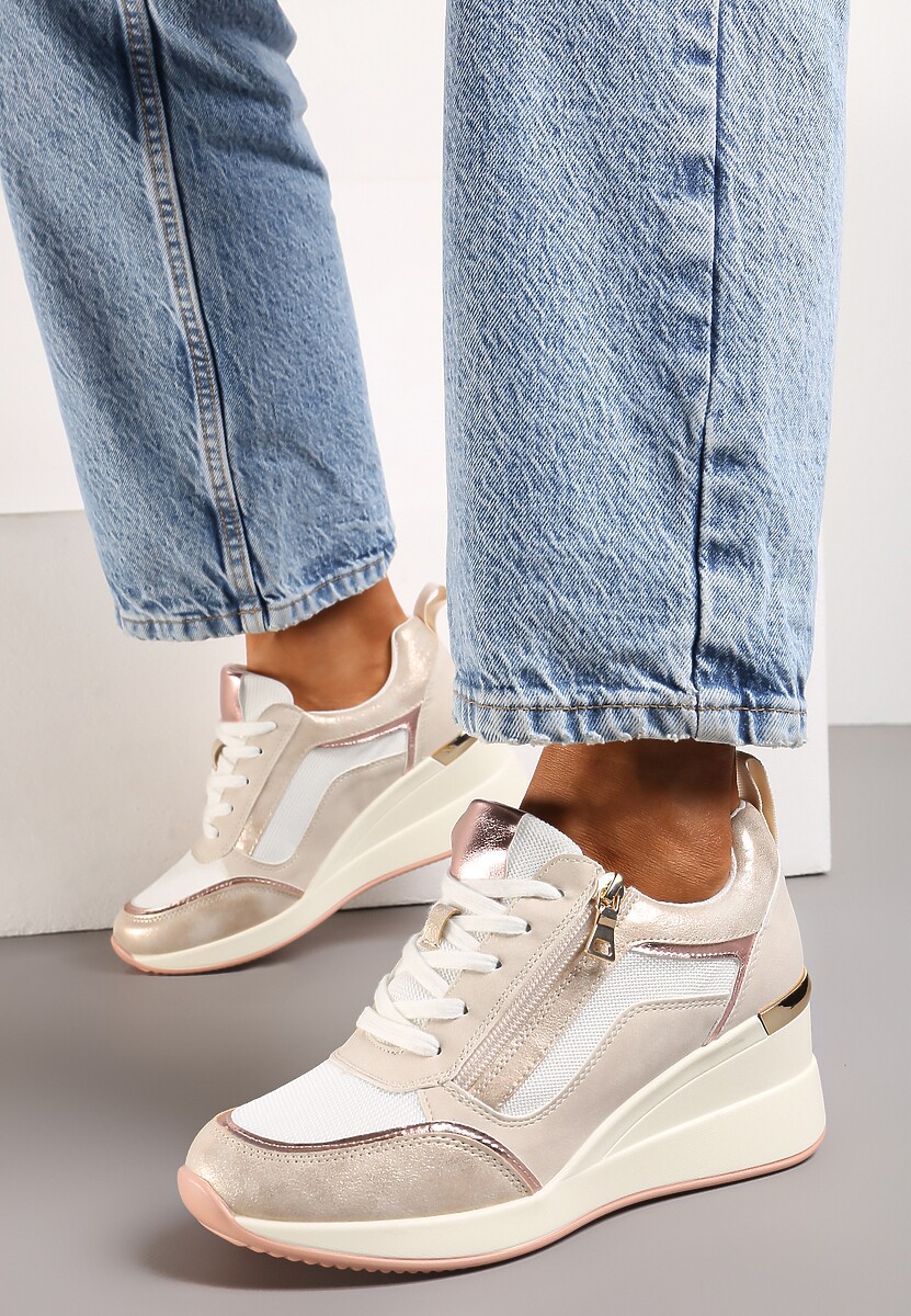 Beżowe Sneakersy Ozdobione Suwakiem i Metalowymi Aplikacjami na Koturnie Warranta