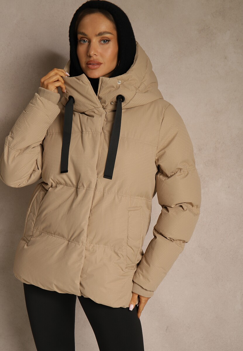 Ciemnobeżowa Kurtka Basic Pikowana z Nieodpinanym Kapturem Vertirya