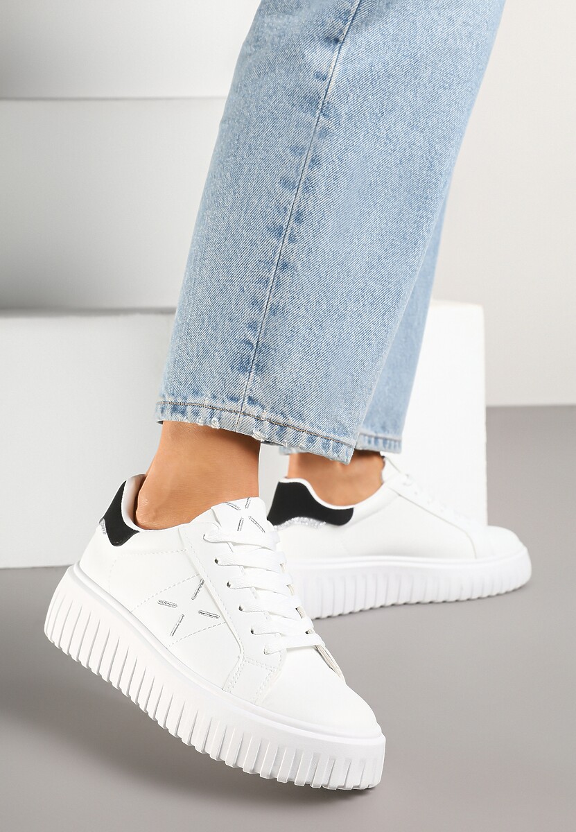 Biało-Czarne Sneakersy na Platformie z Tłoczeniem i Brokatową Wstawką Nuselin