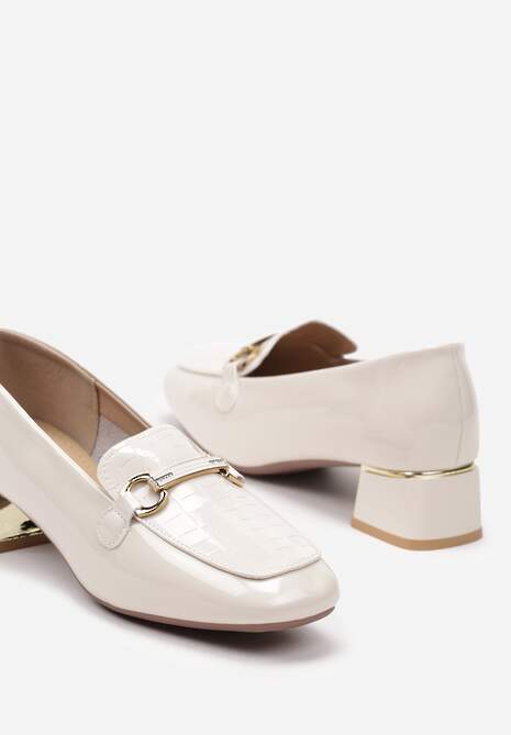 Beżowe Lakierowane Półbuty na Słupkowym Obcasie z Klamerką i Cyrkoniami Iloenni