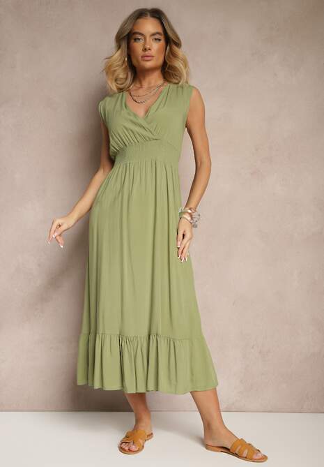 Zielona Kopertowa Sukienka z Wiskozy Zdobiona Falbanką Ularisela