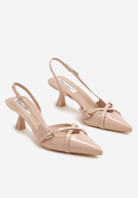 Beżowe Sandały Slingback na Kaczuszce ze Szpiczastym Noskiem ze Sprzączkami Deyline