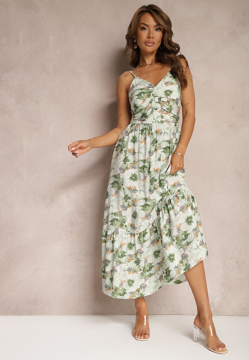 Jasnozielona Rozkloszowana Sukienka na Ramiączkach z Rozcięciami Ozdobiona Guzikami Dimline