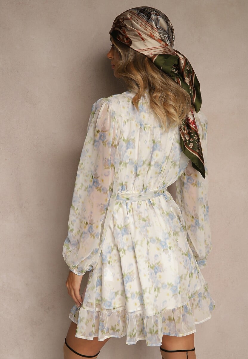 Biało-Niebieska Rozkloszowana Sukienka z Falbankami i Materiałowym Paskiem w Talii Viorena