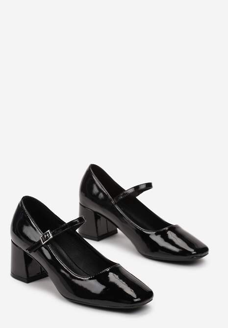 Czarne Lakierowane Czółenka na Słupku Zapinane na Cienki Pasek i Sprzączkę Turma