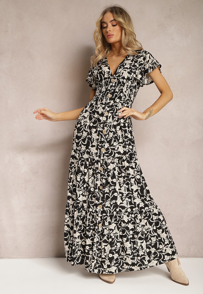 Czarno-Biała Sukienka z Gumką w Pasie w Kwiatowy Wzór z Ozdobnymi Guzikami Ellsa