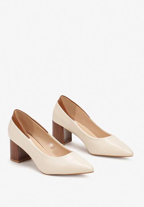 Beżowe Czółenka na Obcasie Typu Słupek z Kontrastową Wstawką Avistina