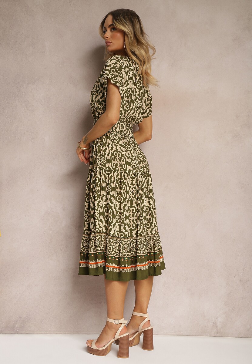 Ciemnozielona Sukienka z Bawełny z Trójkątnym Dekoltem i Gumką w Talii Zapinana na Guziki Lavlea