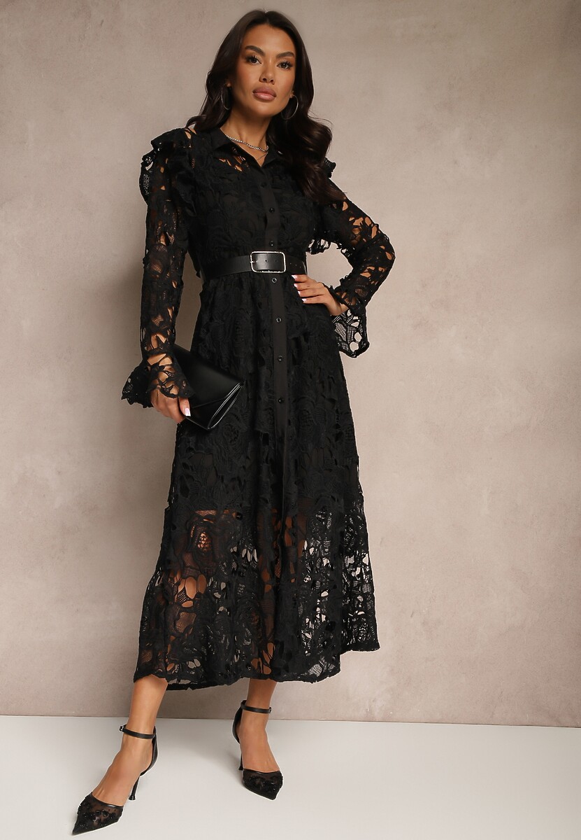 Czarna Koronkowa Maxi Sukienka o Rozkloszowanym Fasonie Sedumma