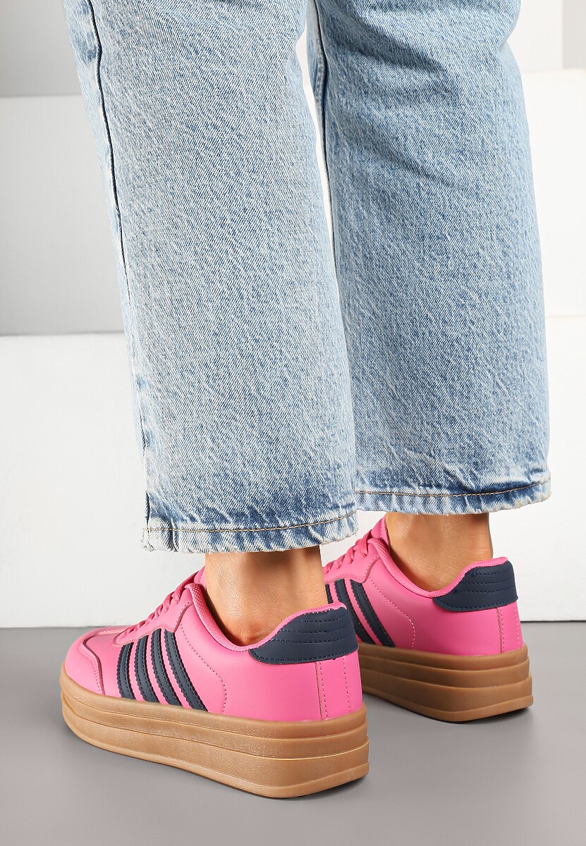Różowo-Granatowe Sneakersy Kultowe Tenisówki na Grubej Podeszwie z Tłoczeniami Ellimia