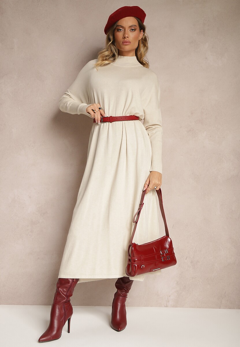 Biała Pudełkowa Sukienka Sweterkowa z Wiskozą i Golfem Rinnine