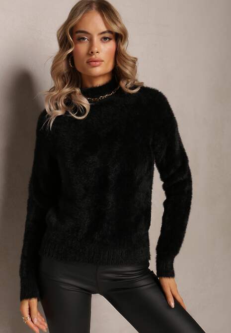 Czarny Dzianinowy Sweter z Dłuższym Włosiem i Półgolfem Christiam