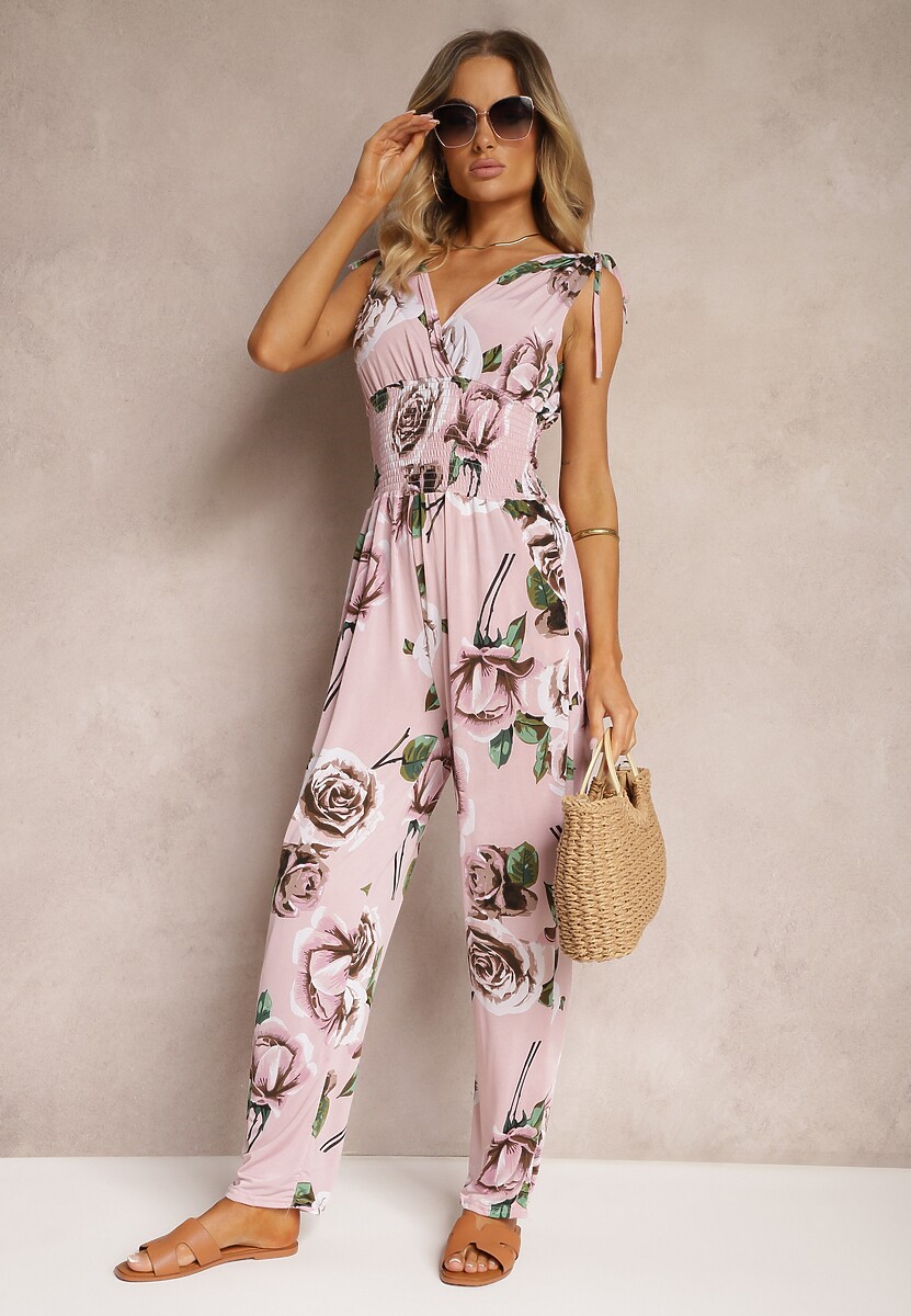 Jasnoróżowy Kombinezon o Taliowanym Kroju Bez Rękawów w Kwiaty Senivia